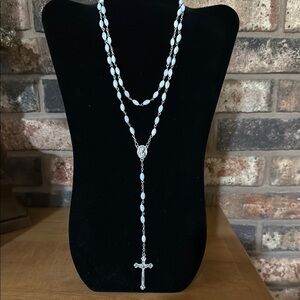 Catholic Rosary Necklace Mother of Pearl Beads Jerusalem Holy Soil Medal & Cross